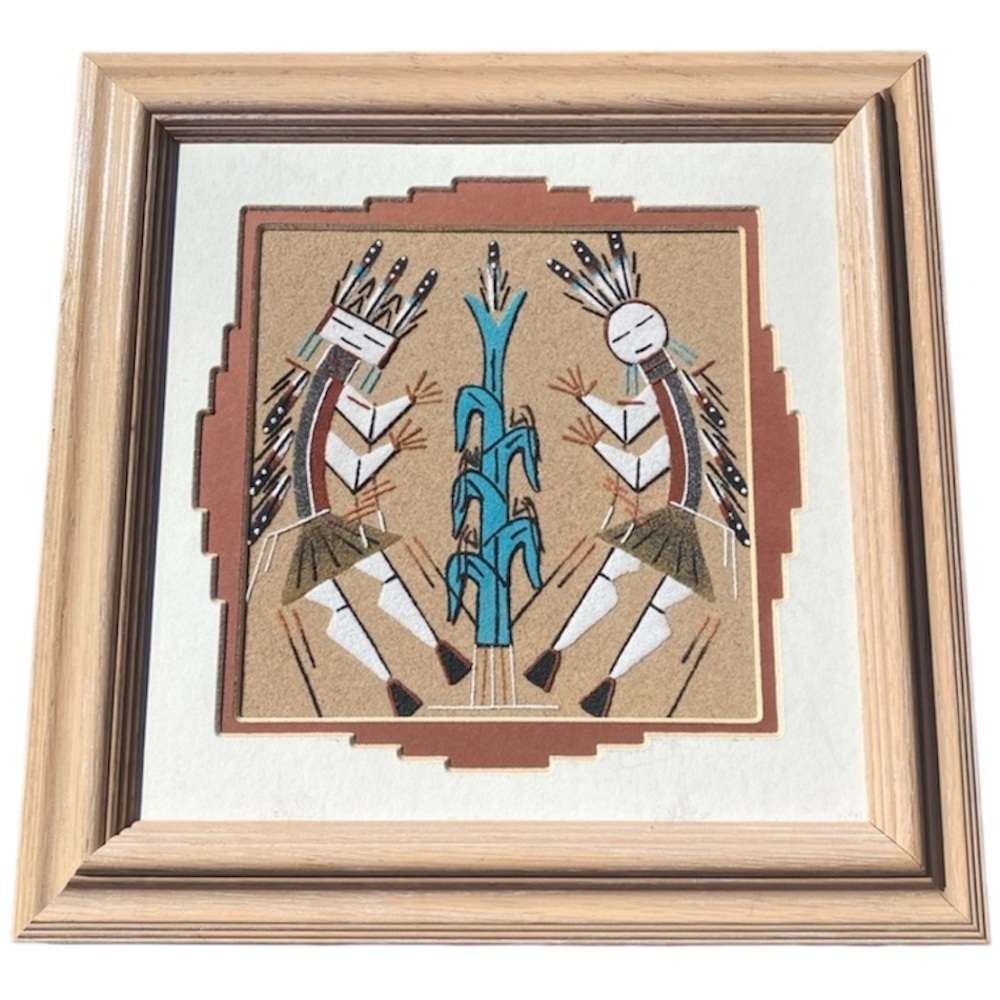 Native American Sand Art Print Rainbow People Signed McDonald Framed